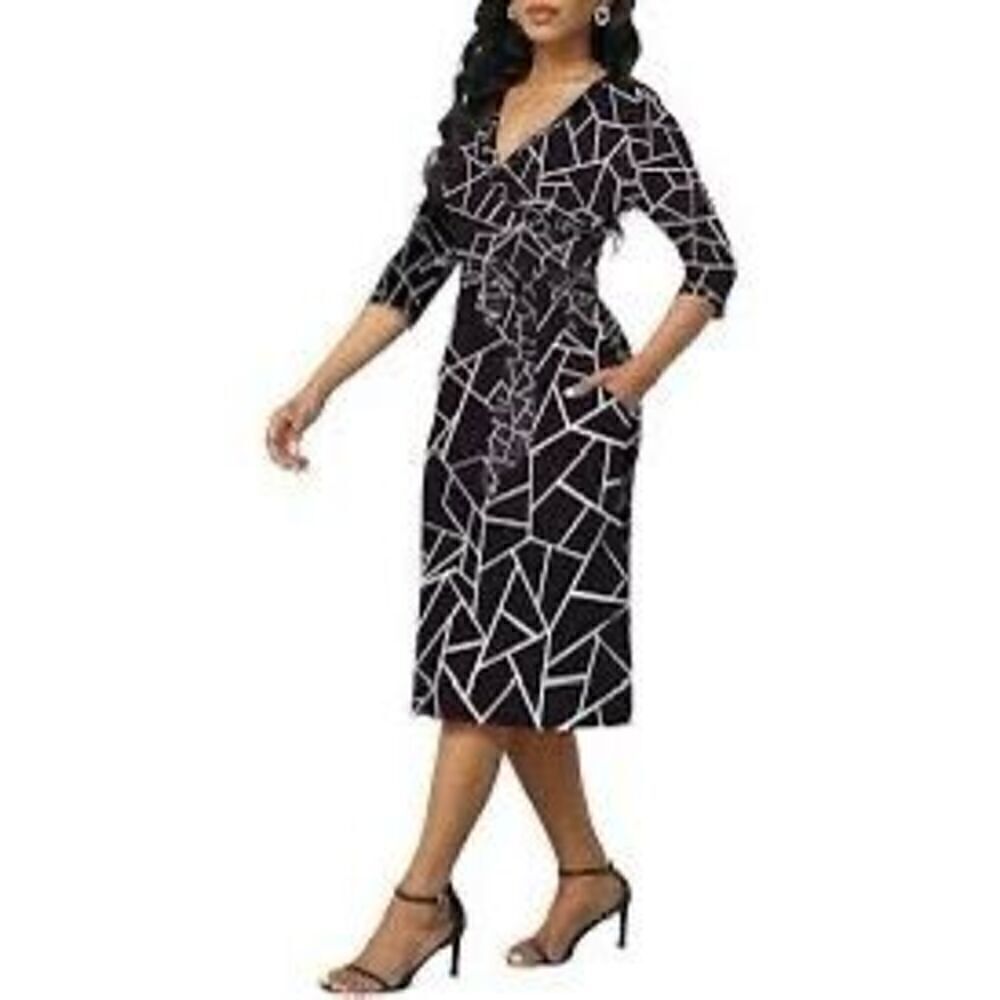 Jones New York Women’s Size 8 Giraffe Print Wrap Dress Blue White 3/4 Sleeve
